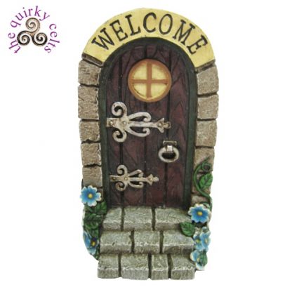 Fairy Door with Welcome Sign and Blue Flowers